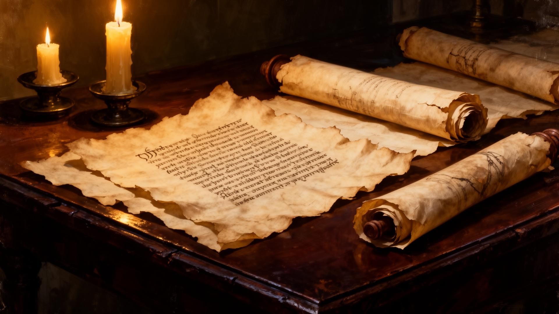 Ancient biblical manuscripts and parchment scrolls by candlelight