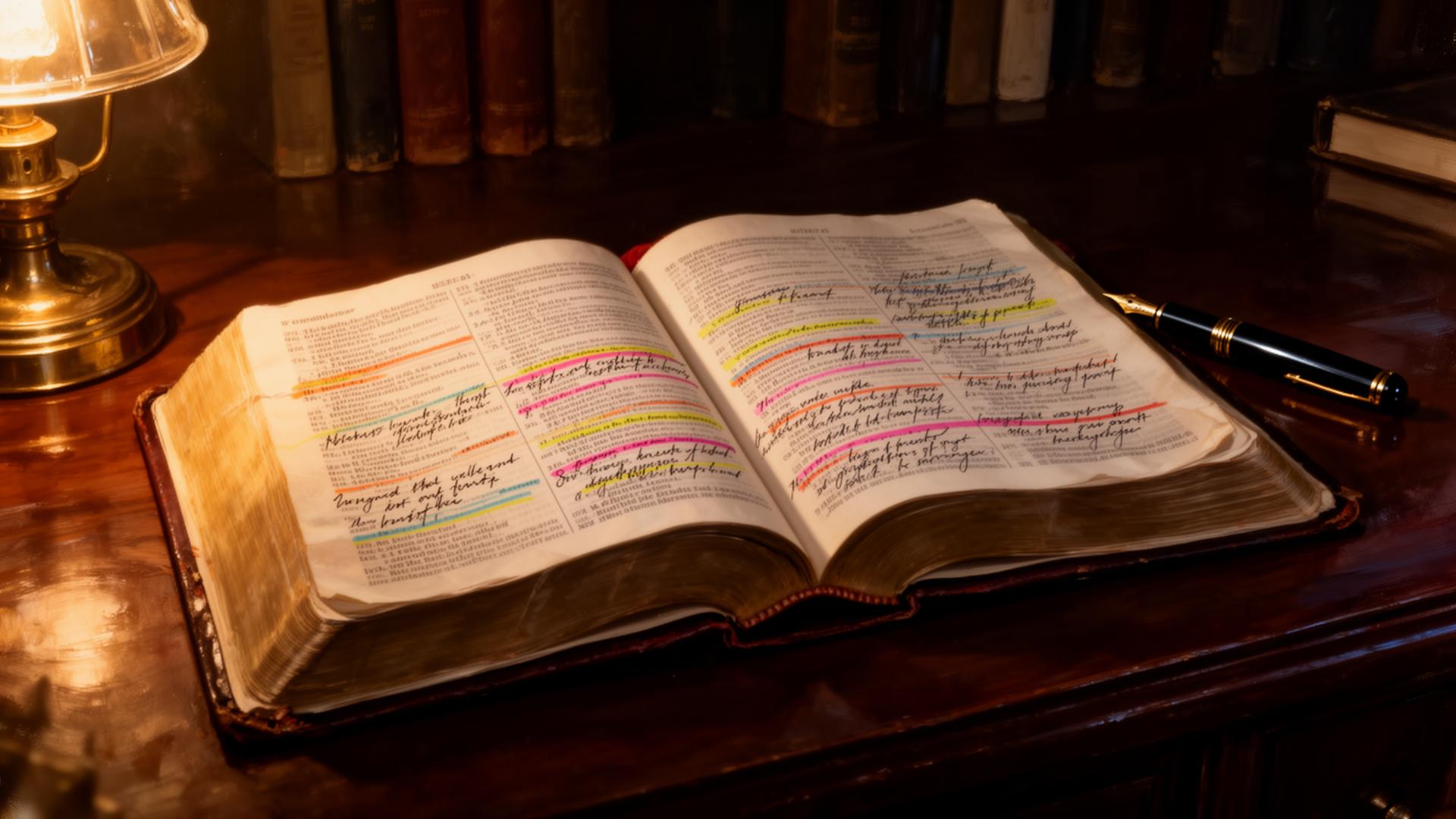 A well-loved Bible with handwritten margin notes and highlights