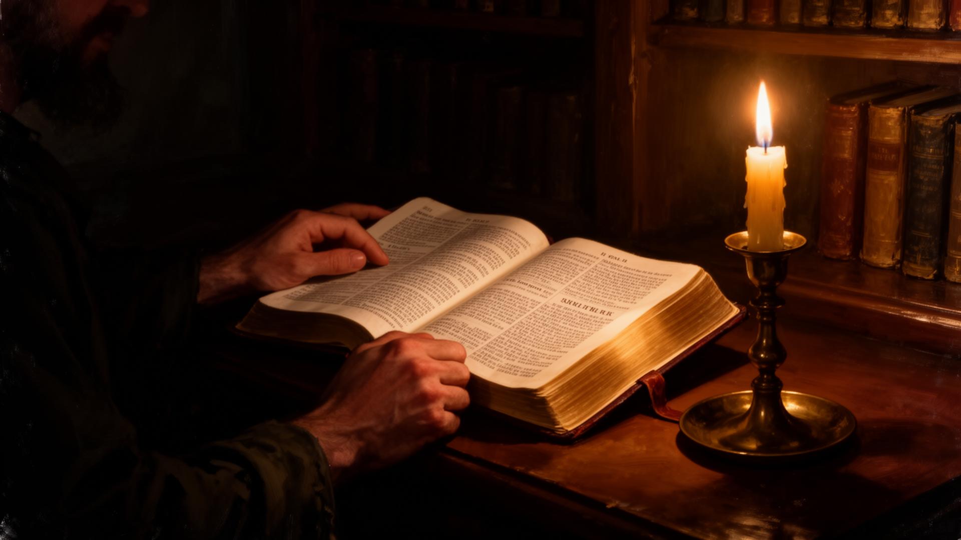 Scripture read by single candlelight in a darkened study