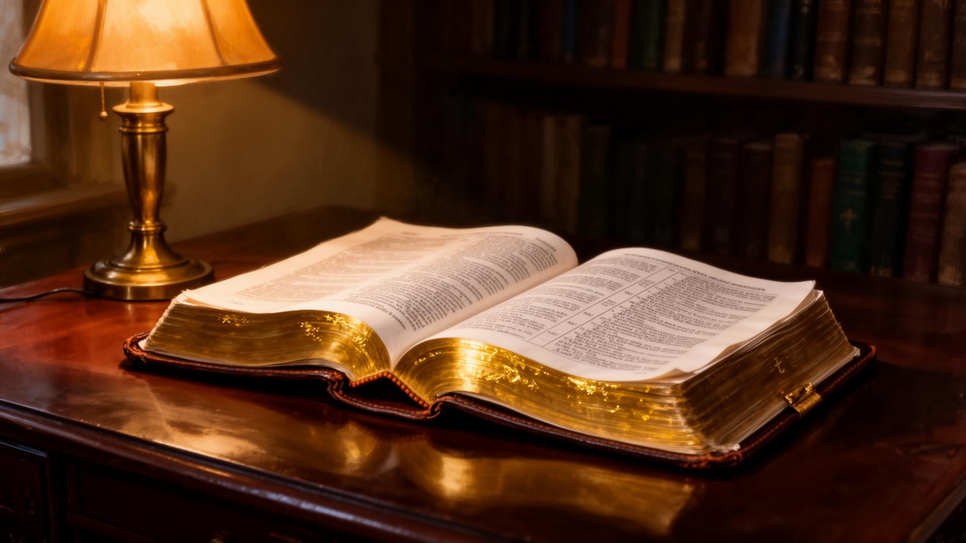 An open Bible on a minister's desk under warm lamplight