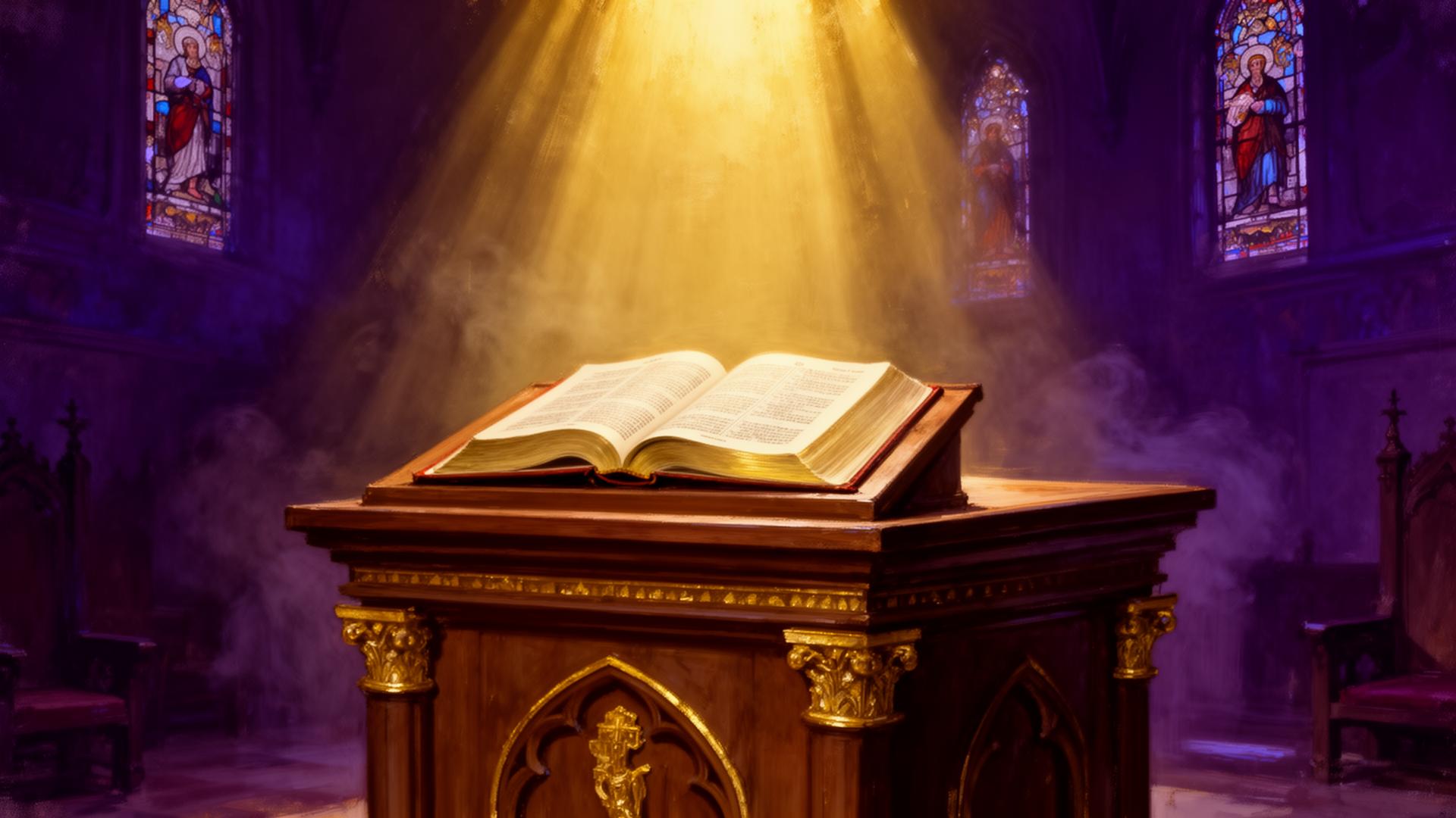 An open pulpit Bible under warm stained-glass sanctuary light