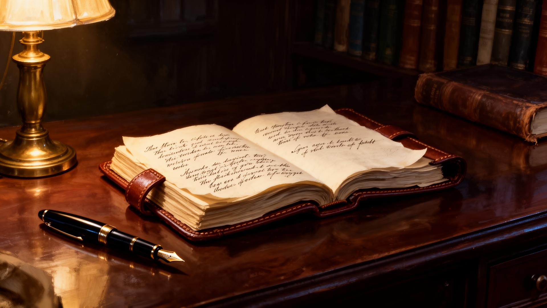 A leather study journal with handwritten notes and a fountain pen
