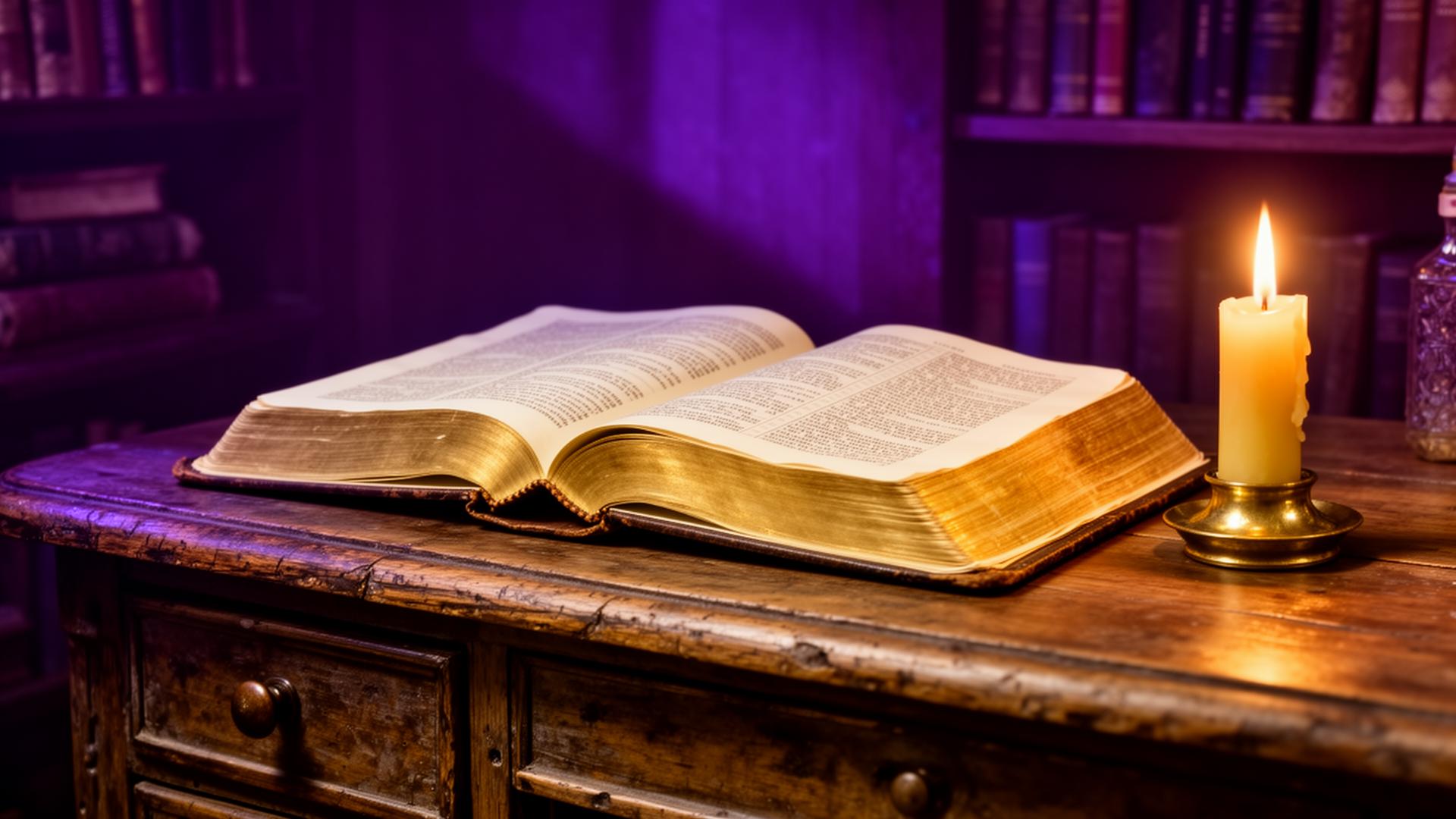 An open Bible on a wooden desk beside a candle in warm sacred light
